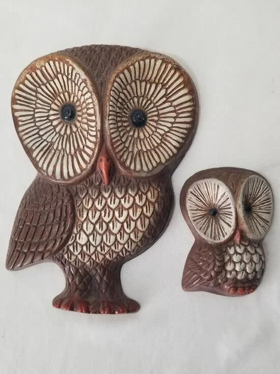 Vintage Mid Century Modern Big Eye Owl Pair Sculpted Foam Retro Wall Hanging Art