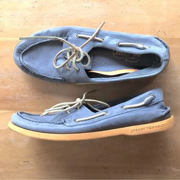 Vintage Boat Shoes Grey Leather Sperry Top-Sider Original Gray Prep Yellow Sole