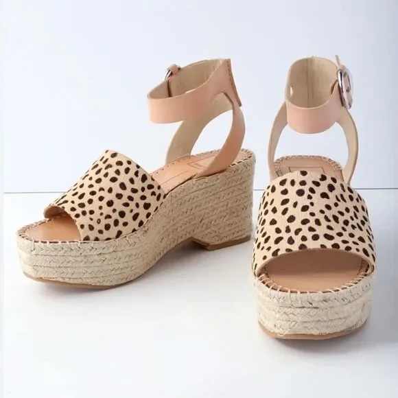 Dolce Vita Lesly Leopard Calf Hair Espadrille Wedges Size 9