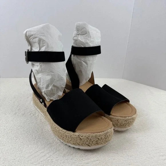 SODA Black Espadrille Platform Wedge Sandals Ankle Strap Buckle Women's‎ 7.5