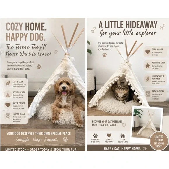 Boho Pet Teepee Tent with Plush Cushion for Small Dogs and Cats Cream Canvas