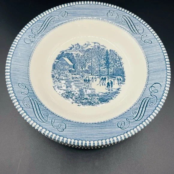6 Currier & Ives Royal Blue 'Early Winter' Soup/Salad Bowls 8.5
