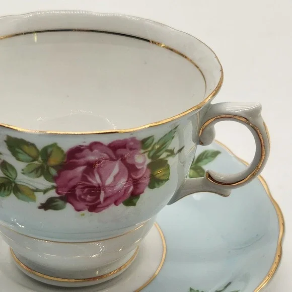 Colclough Bone China Teacup and Saucer Set Pink Roses Light Blue Made in England