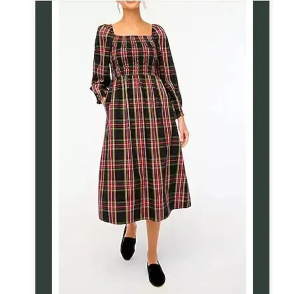 J. Crew Tartan Plaid Midi Dress Smocked Cotton Cottagecore XXL 2X Academia