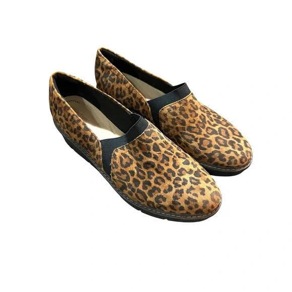 Clarks Collection Leopard Print Slip On Wedge Loafers Platform Comfort Women 10