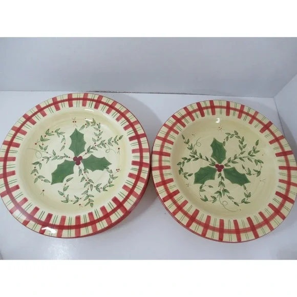 Los Angeles Pottery Laurie Gates design 2 salad plates holly berries plaid Xmas