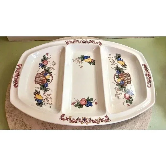 Multicolor Fruit Motif‎ Vintage Oval Ceramic Platter Divided Serving Tray