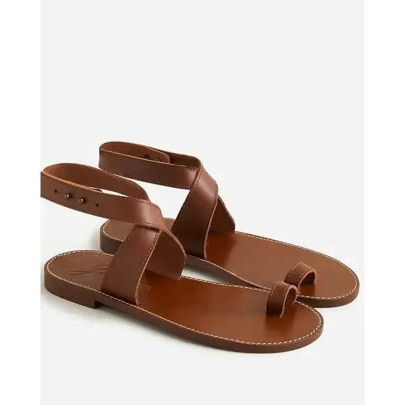 J.Crew Leather Ankle Wrap Flat Sandals Pecan Brown Size 10.5