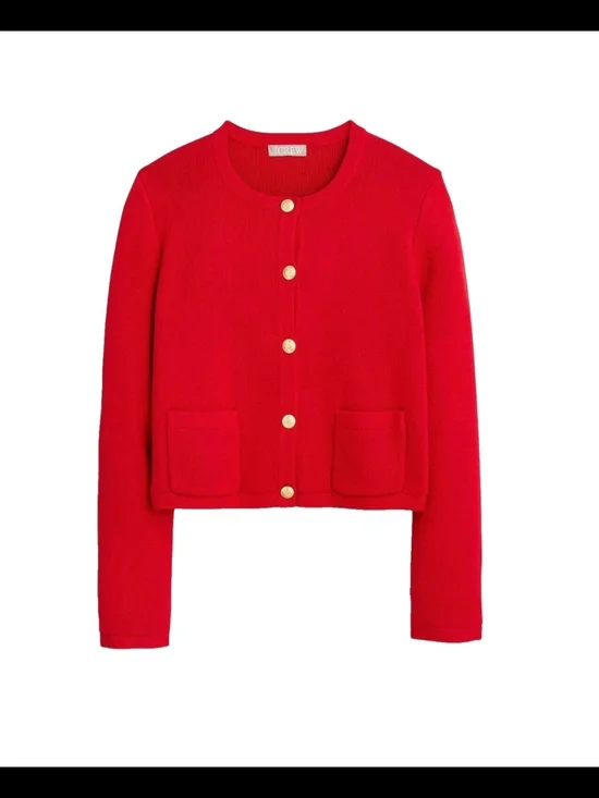 J. Crew Red Cropped Crewneck Cardigan with Gold Buttons.