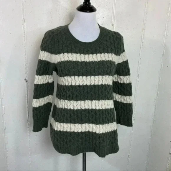 J. Crew M merino wool green/white striped‎ sweater