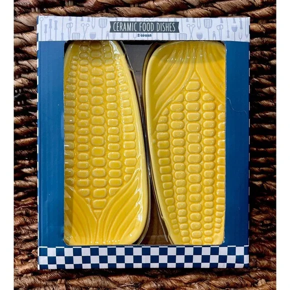 Set of 2 Ceramic Ear of‎ Corn On The Cob Ceramic Plates Dishes Trays Bbq NEW