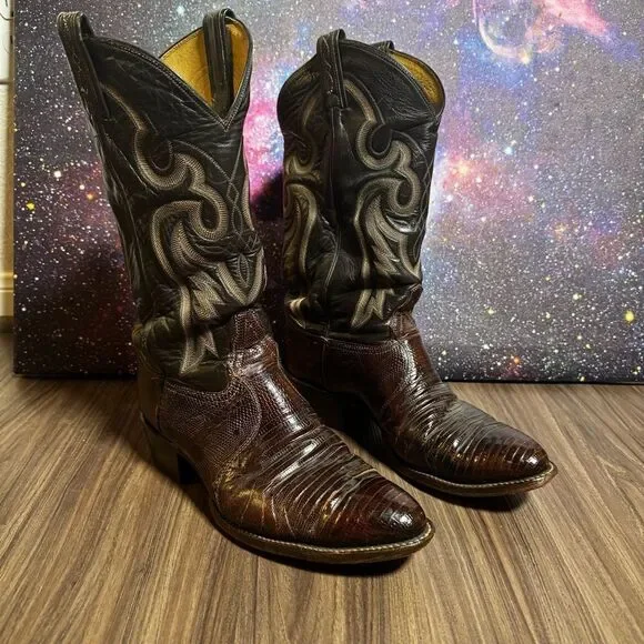 Tony Lama Brown Western Boots Teju Lizard Leather Men's 9.5 D‎ Made in USA 8536