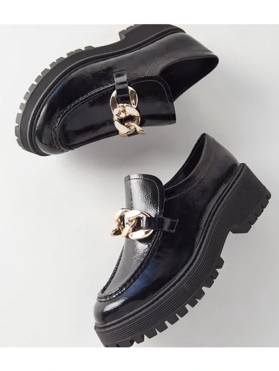 Steve Madden Malvern Chunky Platform Loafers Lug Sole Black Size 8.5 Gold Chain