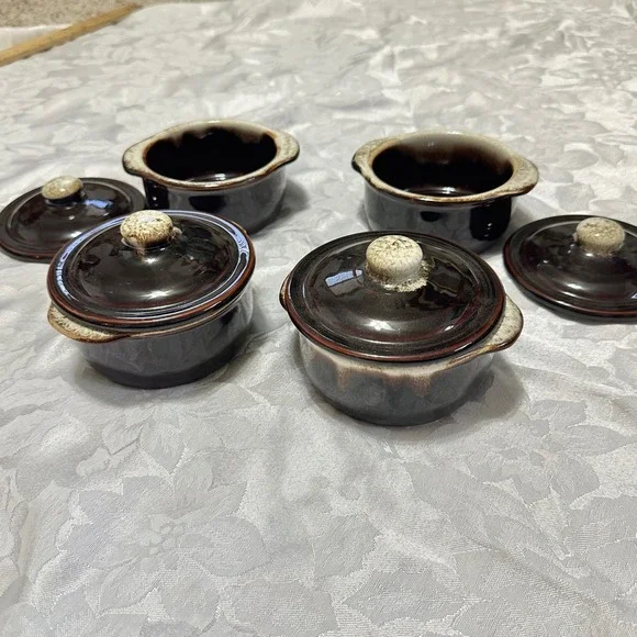 Vintage Pottery Onion Soup Bowls Set 4 Brown Drip Glaze Excellent Lidded Crocks