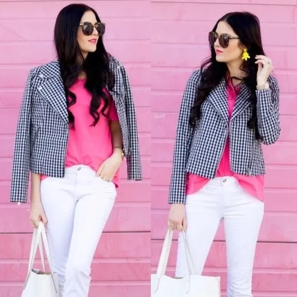 J. Crew White Blue Gingham Moto Motorcycle Jacket Size 2