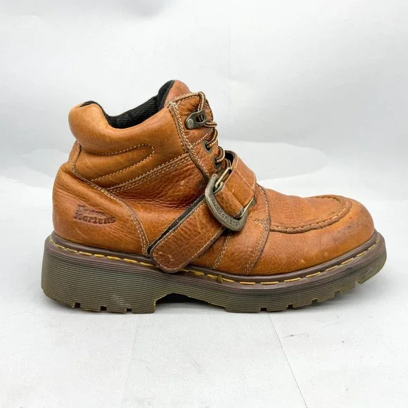 VTG Dr Martens 9444 Mens 9/ 10 Brown Leather Buckle Strap Moc Toe Boots MIE Y2K