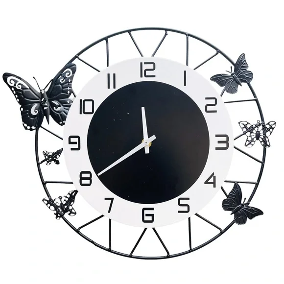 Black And White Metal Wall Clock With Butterfly Design Home Decor 13.5” Diameter