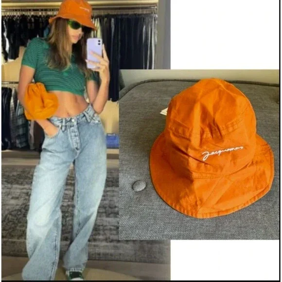 Jacquemus orange logo bucket hat seen on Hailey size56