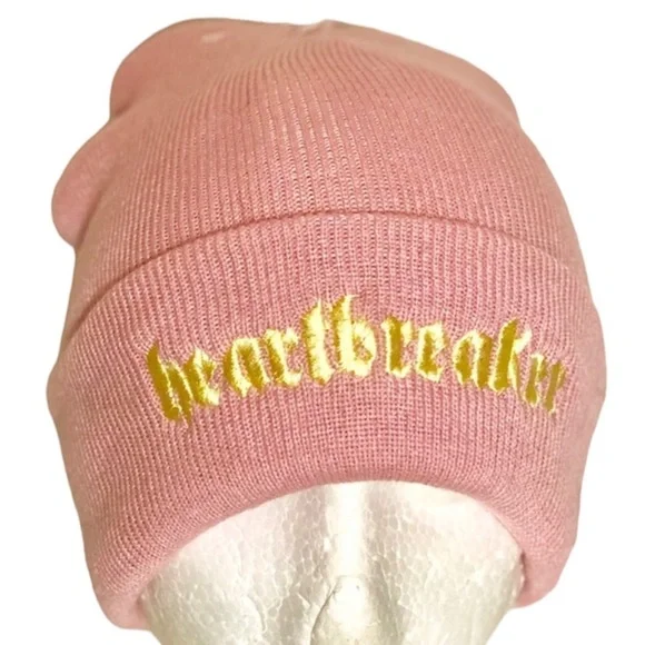 Nasaseasons Heartbreaker Embroidered Knit Beanie Pink Gold Fold Up Brim New!