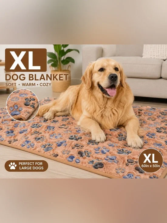 XL Dog Blanket - Soft Cozy Paw-Print Mat in Tan and Blue