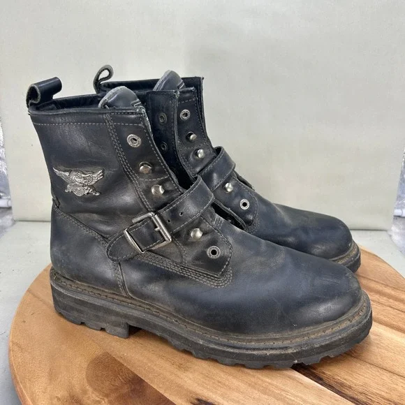 Harley Davidson Mens Black Leather Biker Boots Side Zip Buckle Size 13 95133