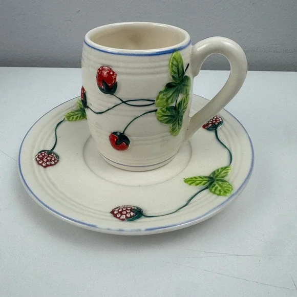 Vtg Strawberry Cup Saucer Ceramic Coffee Tea Set Berry Cottagecore Kitchen