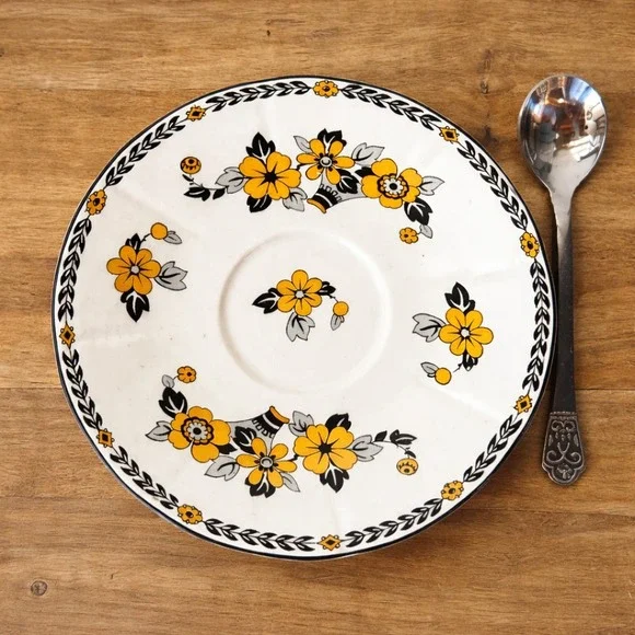 Set of 3 Vintage Allertons England Yellow and Black Floral Saucer Set