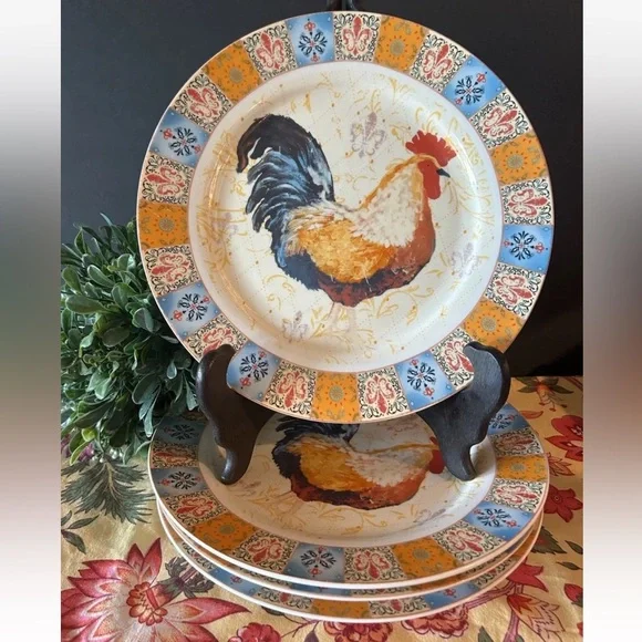 4 Canterbury Potteries‎ French Country Rooster Dinner Plates 10.5