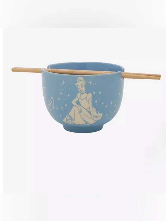 Disney Cinderella Engraved Blue Ceramic Ramen Noodle Bowl with Chopsticks- New