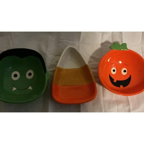 Lot of 3 Vintage Halloween Bowls Candy‎ Corn, Frankenstein And Jack-O-Lantern