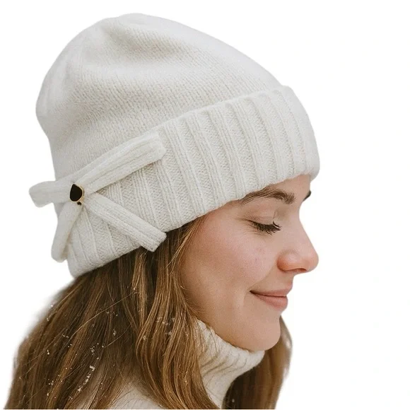 Kate Spade Soft Knit Tonal Signature Bow w Metallic Spade Accent Rib Cuff New!