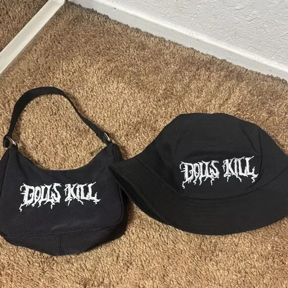 Dolls kill bucket hat and mini purse embroidered logo black and white gothic.