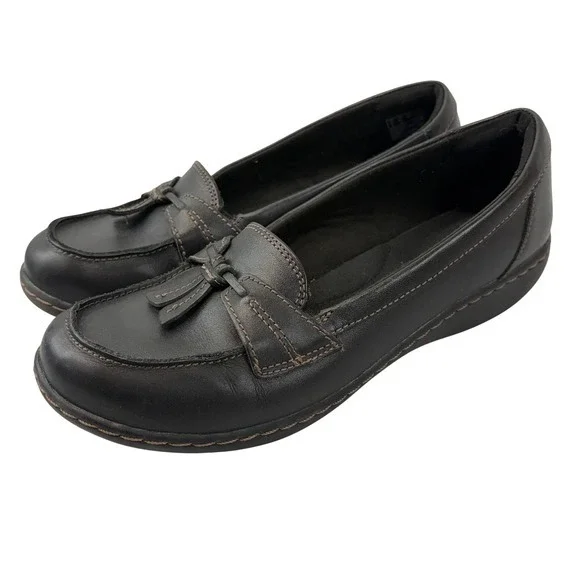 Clarks Womens‎ 8.5M Black Leather Loafers Tassel Slip-On Comfort Shoes Casual