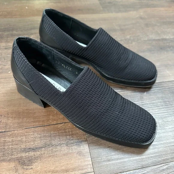 Donald J Pliner Alice Black Mesh Leather Block Heel Loafers Size 6.5N‎ Career