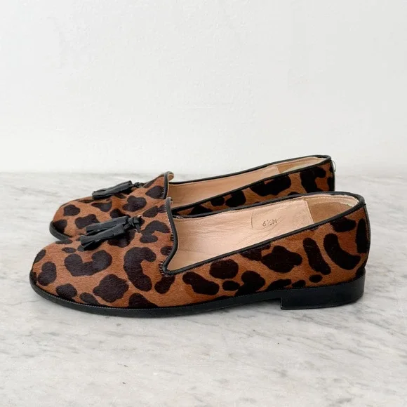 Leopard Print Jon Josef Calf Hair Tassel Loafers 6.5M Brown Black Slipper