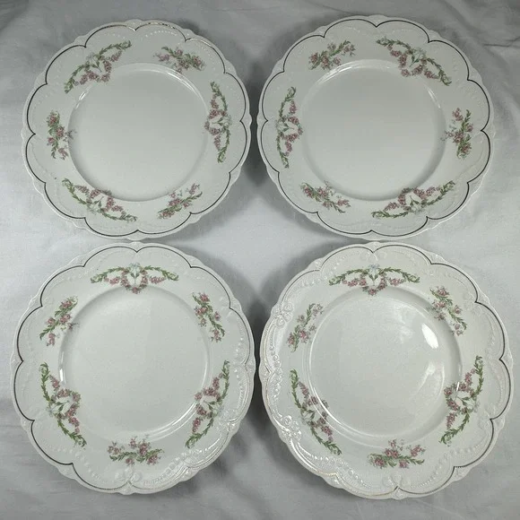 Set of 4 Antique Wood & Son Pink Rose Swag Plates English Ironstone Victorian