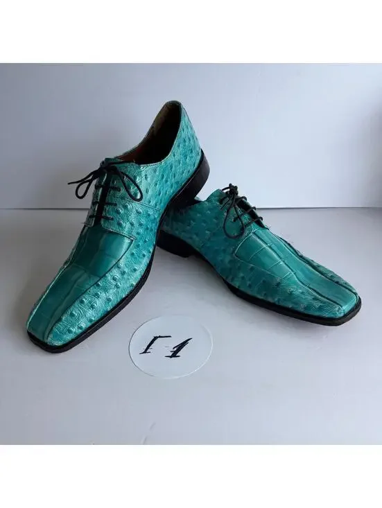 Stacy Adams Ostrich Crocodile Print Oxford Shoes Men's Size 10.5M Teal Lace Up