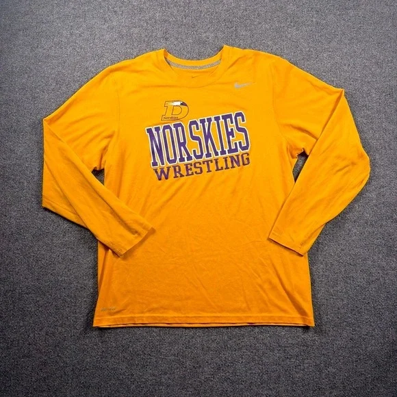 Nike Dri-FIT Shirt Mens Large Orange DeForest Norskies Wrestling Long Sleeve