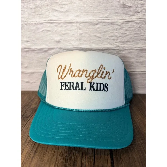 Wranglin Feral Kids Trucker Hat Teal White Mesh Snapback Western Funny Cap