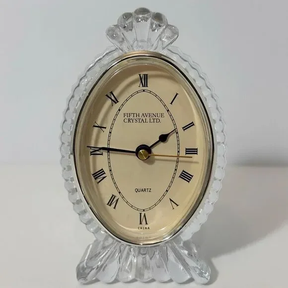Oval Fifth Avenue Crystal Ltd Quartz Desk Clock w/ Roman Numerals & Clear Glass