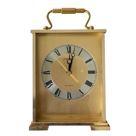 Vintage‎ Seiko Quartz Brass Carriage Clock Roman Numeral Alarm Japan QP281G Gold