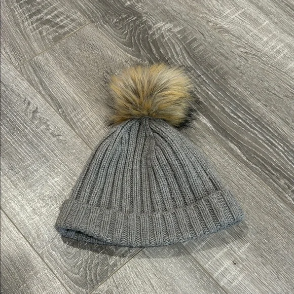 J. Crew Wool Blend Fold Over Beanie with Faux‎ Fur Pom Pom - Gray Knit