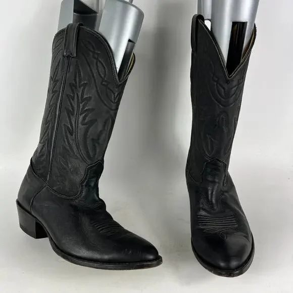 Nocona Cowboy Boots Men's 8 Black Leather Embroidery Stitch Mid-Calf Western
