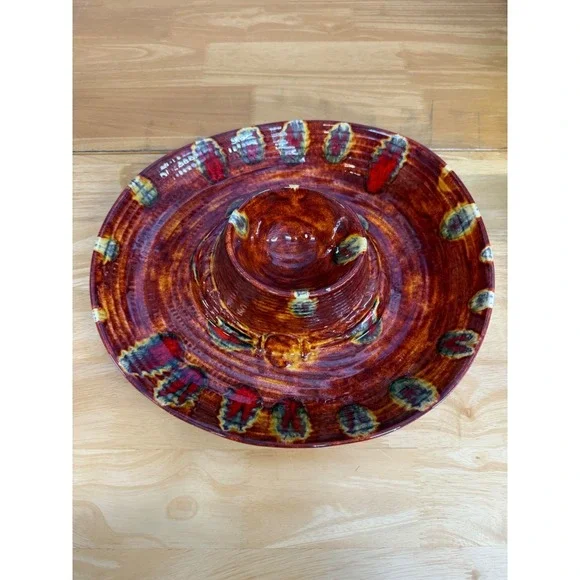 Vintage‎ Ceramic Glazed Sombrero Hat Chip & Dip Platter Bowl