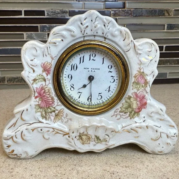 Antique 1800s New Haven Clock Co Victorian Porcelain Wind-Up Mantel Clock 6
