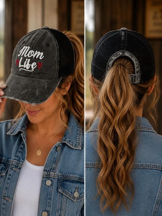 MOM LIFE DISTRESSED TRUCKER HAT WOMEN’S PONYTAIL CAP GRAY BLACK MESH ADJUSTABLE