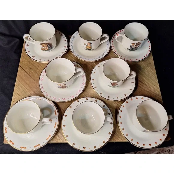 Set of 8 MJ Hummel Tea Cup and Saucer Japan Porcelain Gold Trim Apple Tree Girl