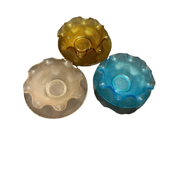 Serving Bowls/Saucers Waffle Pattern Blue, Pink, Gold.