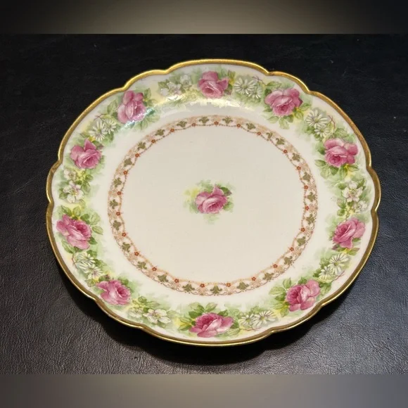 Antique Coronet Limoges France Hand Painted Pink Roses Plate Gold Gilt Scalloped