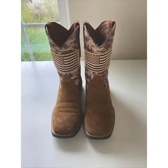 Ariat Men's Sport Patriot Mocha Suede & Sand Camo American Flag Western Boots 8D